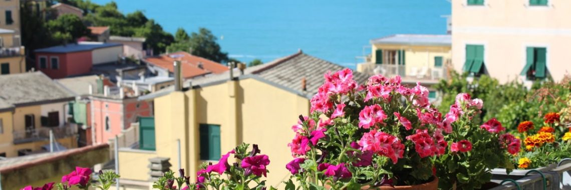 Colorful flowers on a balcony overlooking the sea in Riomaggiore, Italy.