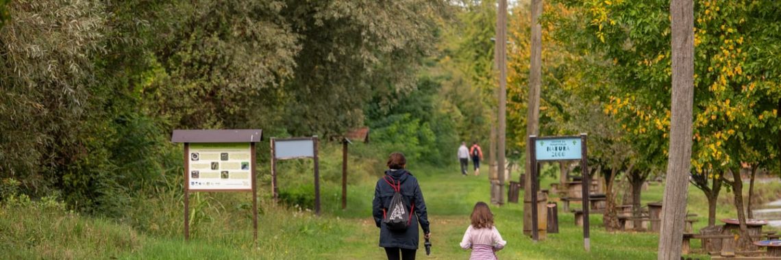 A parent and child walking on a path in a scenic nature reserve in Croatia, surrounded by lush greenery.